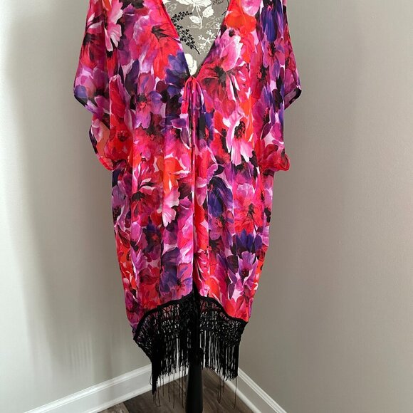 LADIES PURPLE/RED COVER-UP W/BLACK FRINGE SIZE OS - Picture 1 of 3